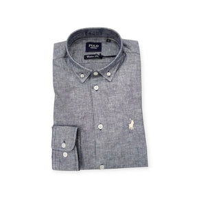 Polo Shirts Polo Men's Long Sleeve Plain Linen Shirt Navy