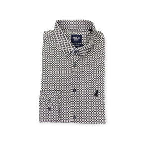 Polo Shirts Polo Men's Square Print Long Sleeve Shirt Grey